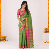 Electric Lime Handloom Cotton Silk Saree with Pink Gold Border