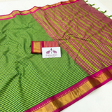 Electric Lime Handloom Cotton Silk Saree with Pink Gold Border