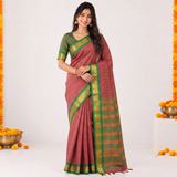 Raspberry Red Cotton Silk Saree with Traditional Zari Border