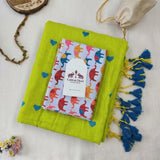 Designer Green Heart Cotton Saree with Multicolor Elephant Print Blouse Piece