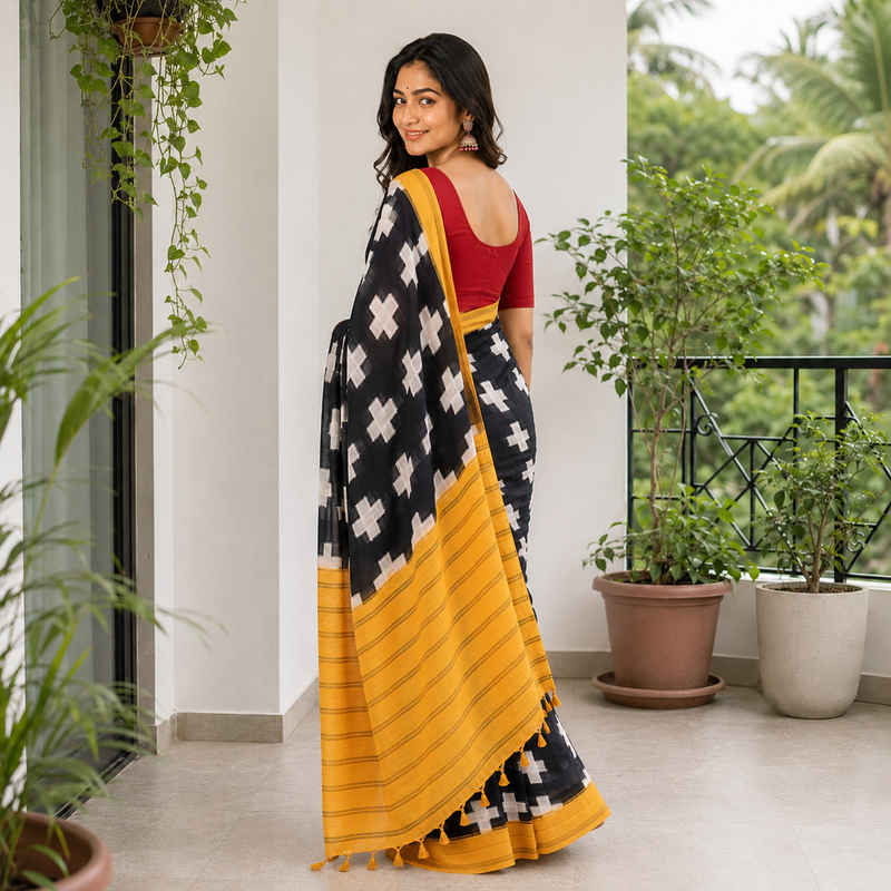 Midnight Mustard Line Cotton Geometric Printed Saree