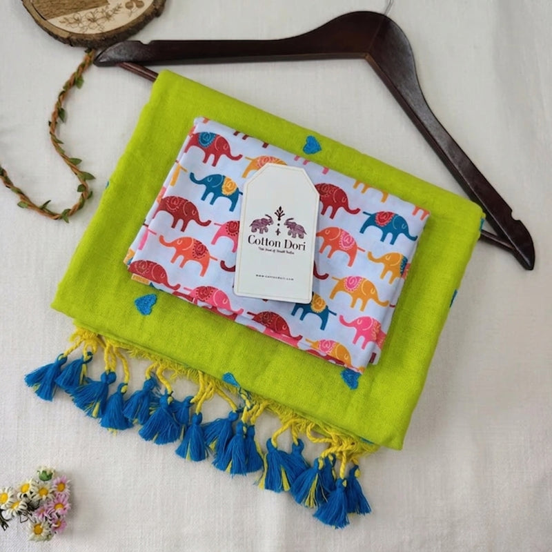 Designer Green Heart Cotton Saree with Multicolor Elephant Print Blouse Piece