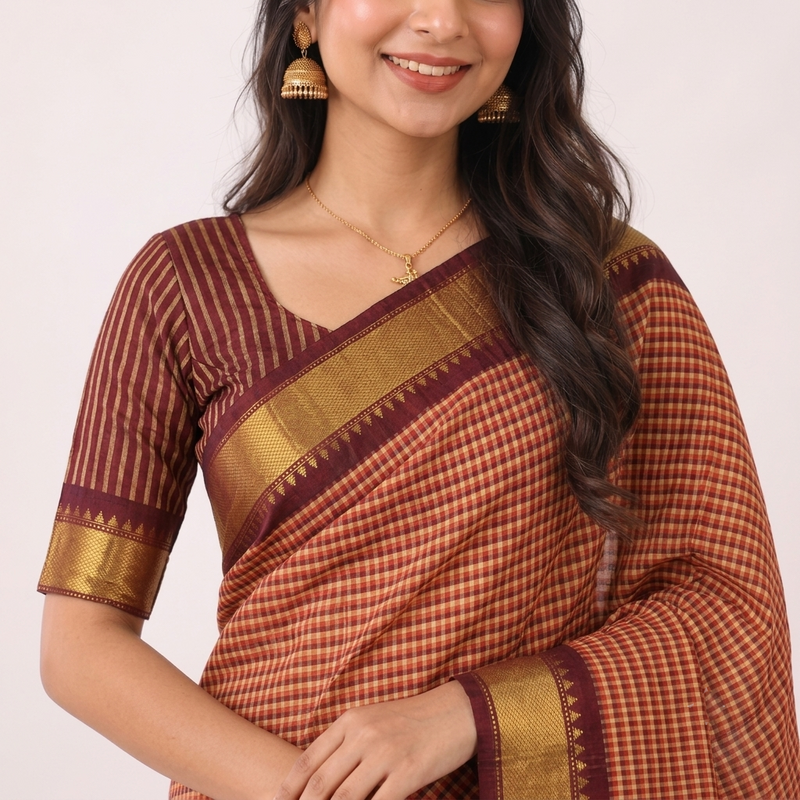 Copper Glow Handloom Cotton Silk Saree with Maroon Border and Contrast Blouse