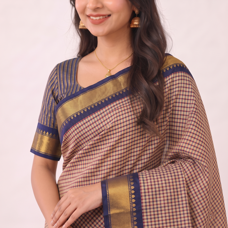 Antique Gold Cotton Silk Saree with Contrast Blouse Piece