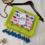 Designer Green Heart Cotton Saree with Multicolor Elephant Print Blouse Piece