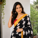 Midnight Mustard Line Cotton Geometric Printed Saree