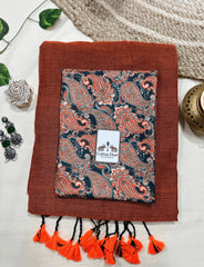 Premium Handloom Cotton Saree - Rust orange cotton saree with printed blouse - Cotton Dori