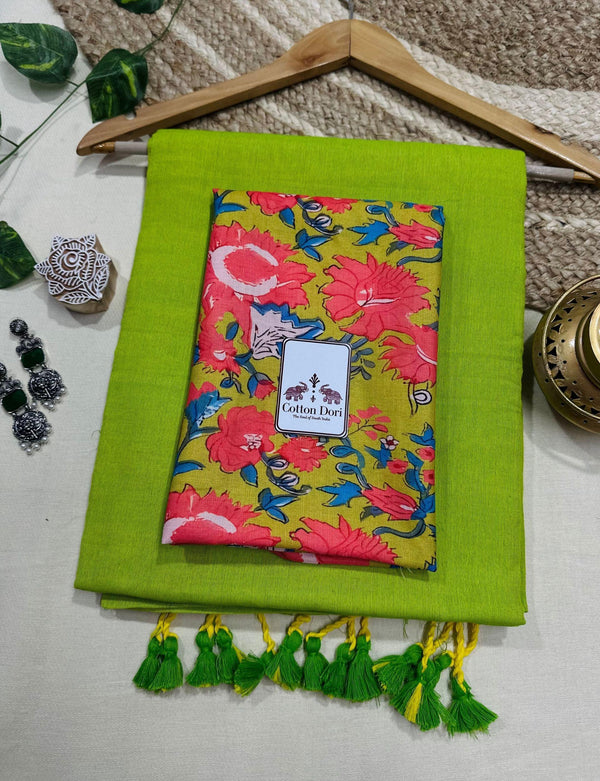 Premium Handloom Cotton Saree - Beautiful lemon green saree with floral printed blouse - Cotton Dori
