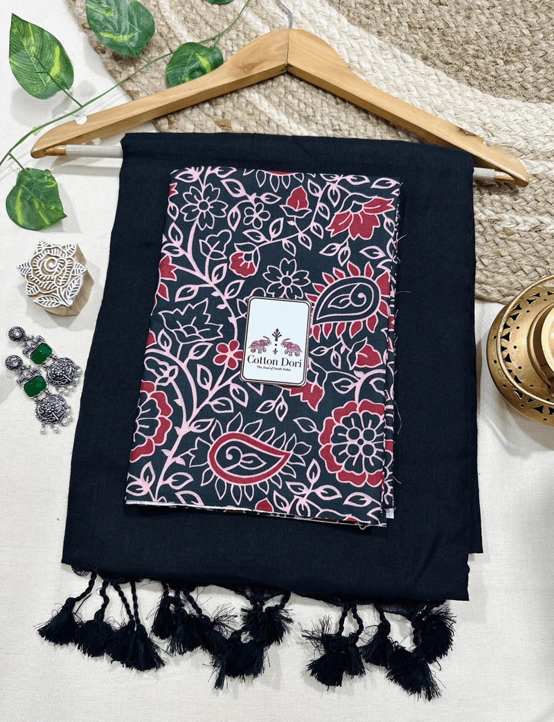 Premium Handloom Cotton Saree - Royal black cotton saree with flower printed blouse