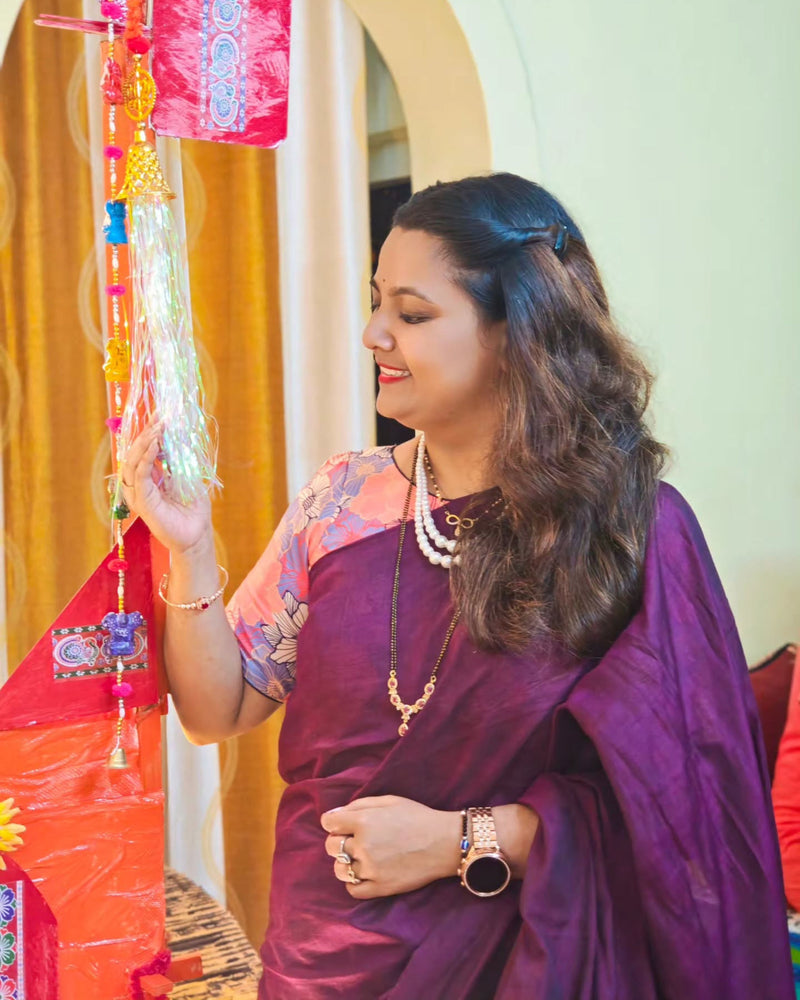 Grape wine saree with flower printed blouse