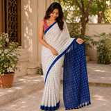 Ivory Blue Cross Digital Printed Linen Cotton Saree