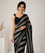 Charcoal Black Linen Cotton Digital Printed Saree with Elegant Contrast Blouse