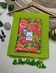 Premium Handloom Cotton Saree - Beautiful lemon green saree with floral printed blouse - Cotton Dori