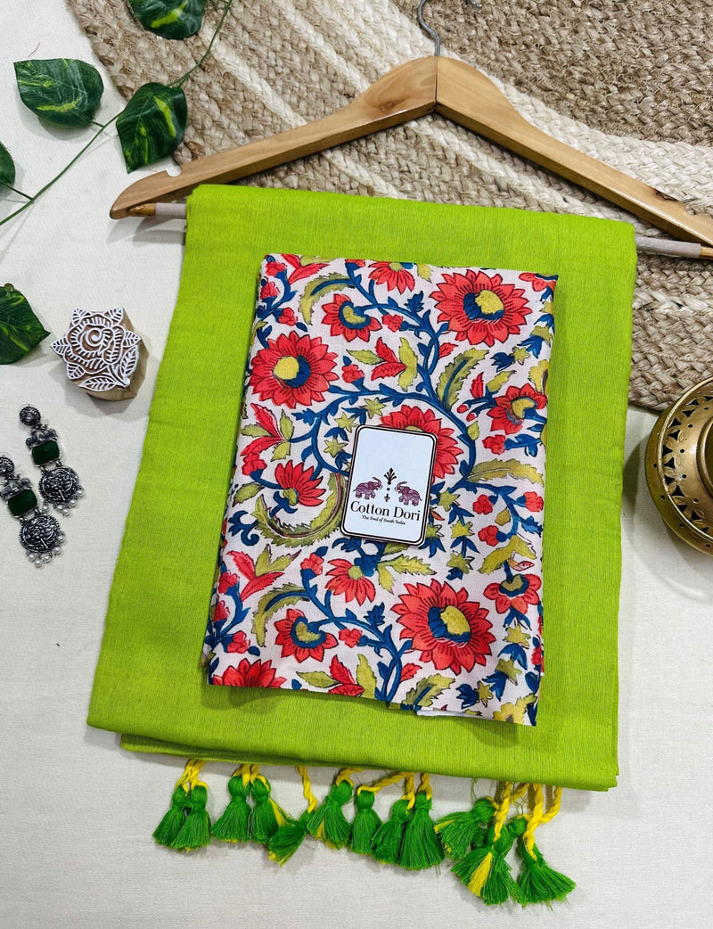 Premium Handloom Cotton Saree - Pure cotton lime green saree with georgous flower printed blouse