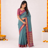 Caribbean Blue Handloom Cotton Silk Saree with Contrast Pallu