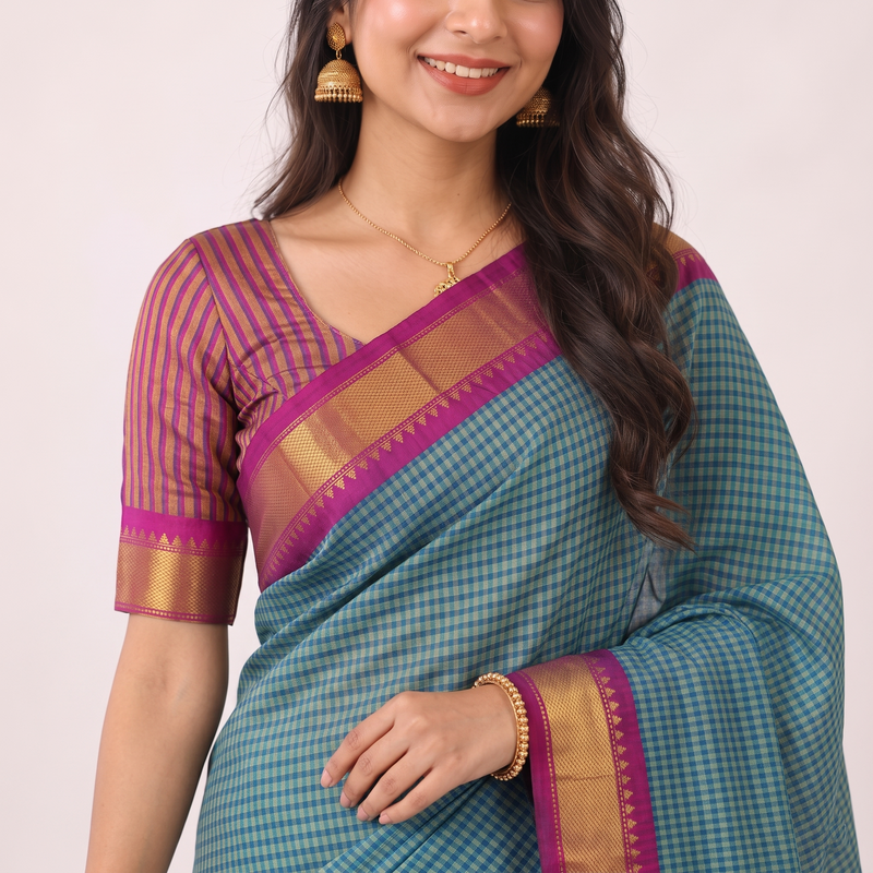 Caribbean Blue Handloom Cotton Silk Saree with Contrast Pallu