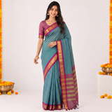 Caribbean Blue Handloom Cotton Silk Saree with Contrast Pallu