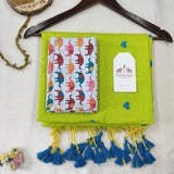 Designer Green Heart Cotton Saree with Multicolor Elephant Print Blouse Piece