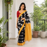 Midnight Mustard Line Cotton Geometric Printed Saree