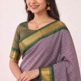 Lilac Blue Handloom Saree with Striped Pallu and Blouse Piece