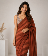 Terracotta Rust Linen Cotton Digital Printed Saree with Soft Printed Blouse