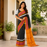 Noir Marigold Line Cotton Ikat Printed Saree