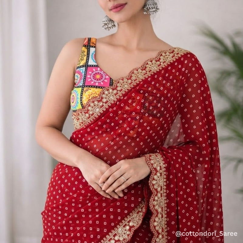 Gulnaar Red Bandhani Soft Georgette Saree with Elegant Sequins Embroidery