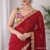 Gulnaar Red Bandhani Soft Georgette Saree with Elegant Sequins Embroidery