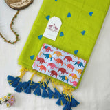 Designer Green Heart Cotton Saree with Multicolor Elephant Print Blouse Piece