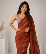 Terracotta Rust Linen Cotton Digital Printed Saree with Soft Printed Blouse