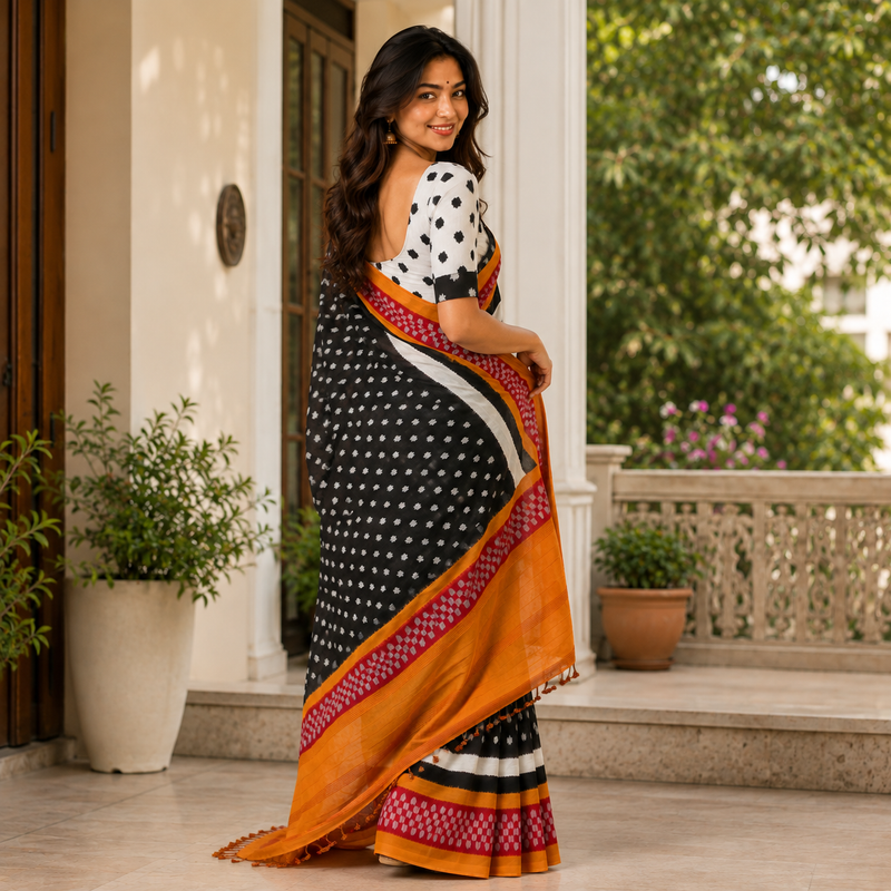 Noir Marigold Line Cotton Ikat Printed Saree
