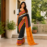 Noir Marigold Line Cotton Ikat Printed Saree
