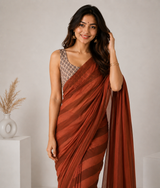 Terracotta Rust Linen Cotton Digital Printed Saree with Soft Printed Blouse