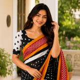 Noir Marigold Line Cotton Ikat Printed Saree