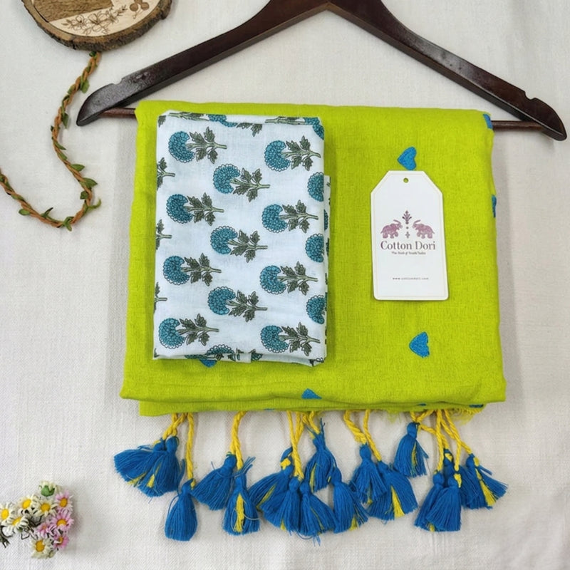 Trendy Lime Green Saree with Heart Embroidery and Printed Floral Blouse Piece