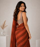 Terracotta Rust Linen Cotton Digital Printed Saree with Soft Printed Blouse