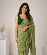 Olive Sage Linen Cotton Digital Printed Saree with Forest Green Blouse