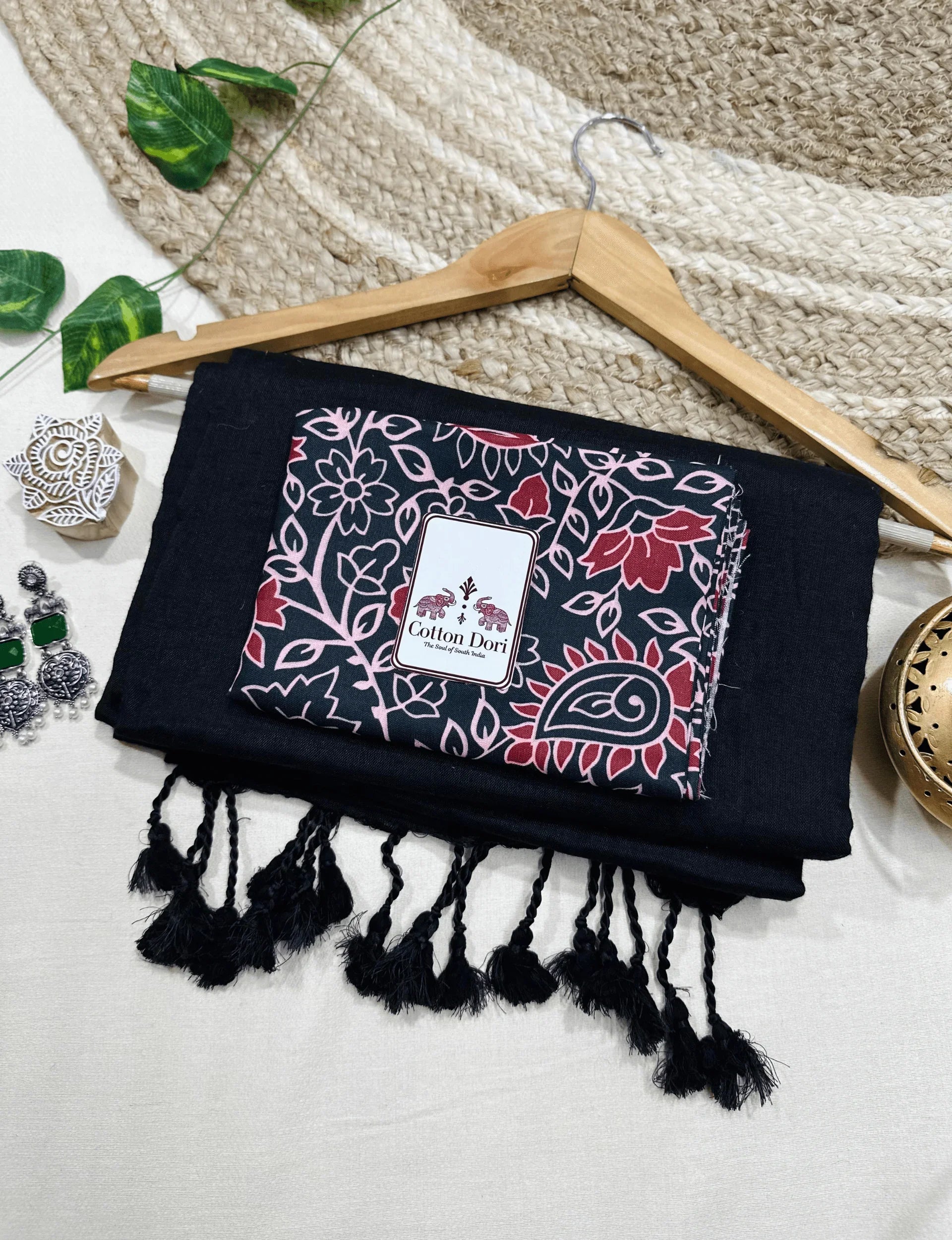Premium Handloom Cotton Saree - Royal black cotton saree with flower printed blouse - Cotton Dori