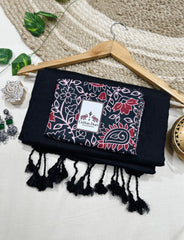 Premium Handloom Cotton Saree - Royal black cotton saree with flower printed blouse - Cotton Dori