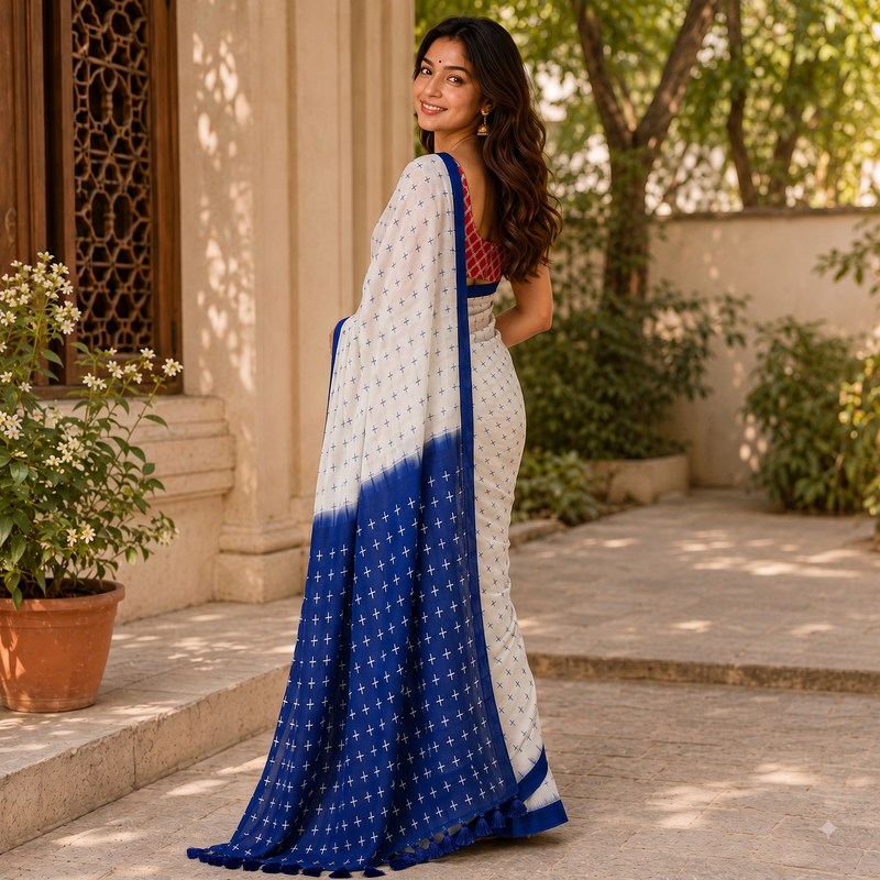 Ivory Blue Cross Digital Printed Linen Cotton Saree