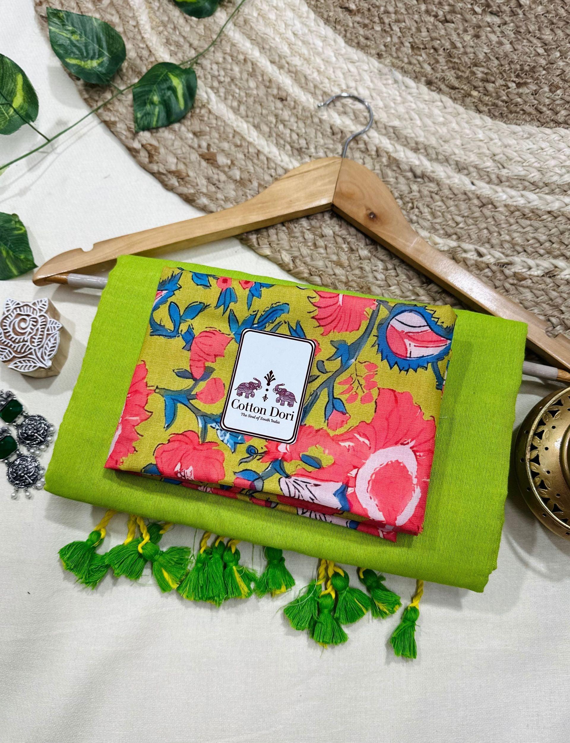 Premium Handloom Cotton Saree - Beautiful lemon green saree with floral printed blouse - Cotton Dori