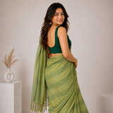 Olive Sage Linen Cotton Digital Printed Saree with Forest Green Blouse