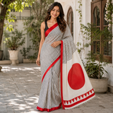 Crimson Muse – Black & White Linear Digital Printed Linen Cotton Saree