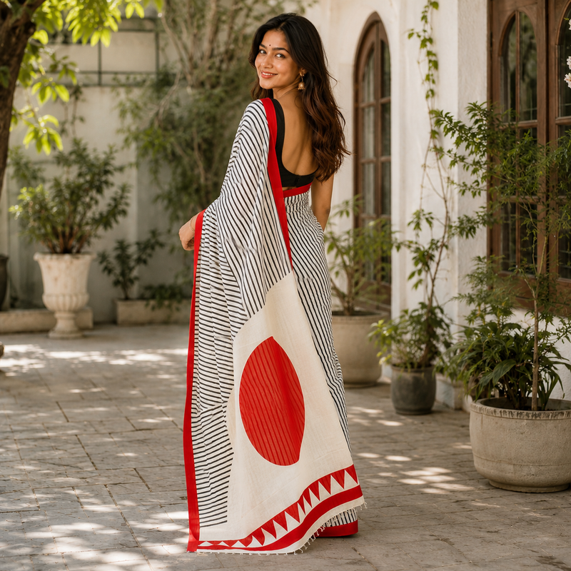 Crimson Muse – Black & White Linear Digital Printed Linen Cotton Saree