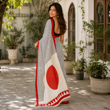 Crimson Muse – Black & White Linear Digital Printed Linen Cotton Saree