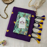 Velvet Purple Handloom Saree with Mustard Heart Butti Work and Mint Floral Printed Blouse