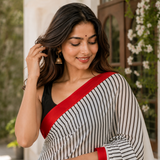 Crimson Muse – Black & White Linear Digital Printed Linen Cotton Saree