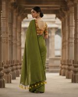 Graceful Handloom Cotton Saree – Green Cotton Saree with Designer Printed Blouse