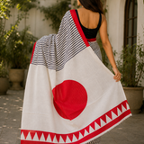 Crimson Muse – Black & White Linear Digital Printed Linen Cotton Saree