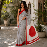 Crimson Muse – Black & White Linear Digital Printed Linen Cotton Saree